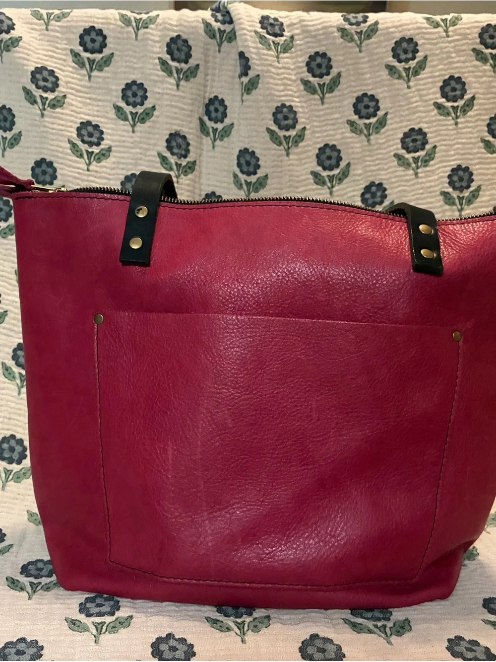 Pink Leather Tote with Black Strap and Front Pocket